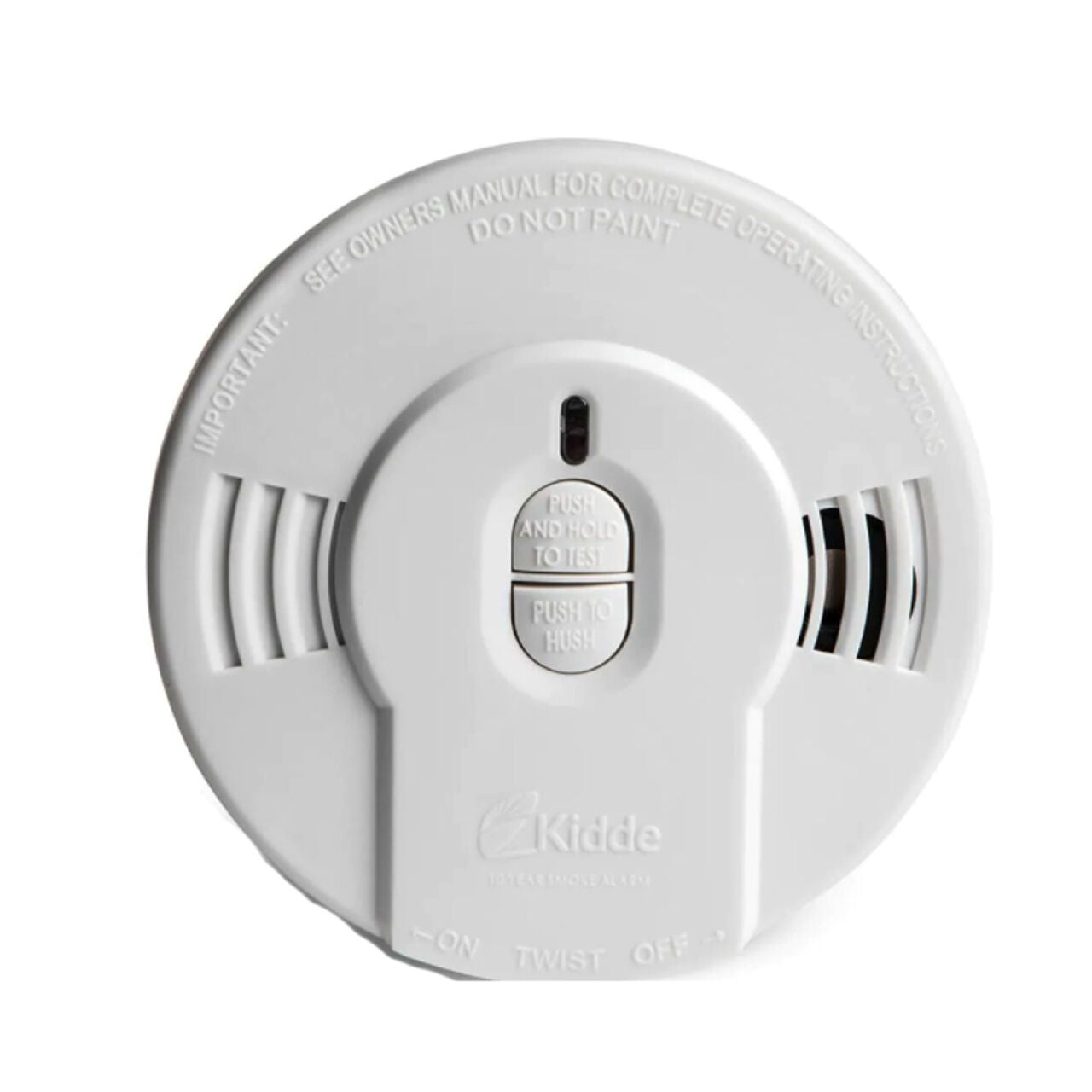 A round, white Go Build 10 Year Worry-Free Smoke Detector features side vents, center buttons marked Push and Hold to Test and Push to Hush, plus visible instructions and branding on the front. Powered by a long-life battery.